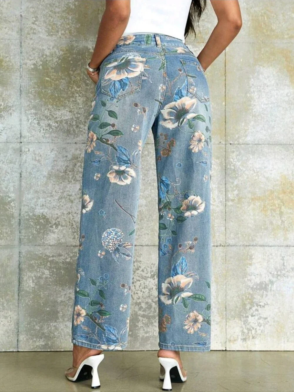90s Retro Print High Waist Side Pocket Wide Leg Jeans, Casual Street Style